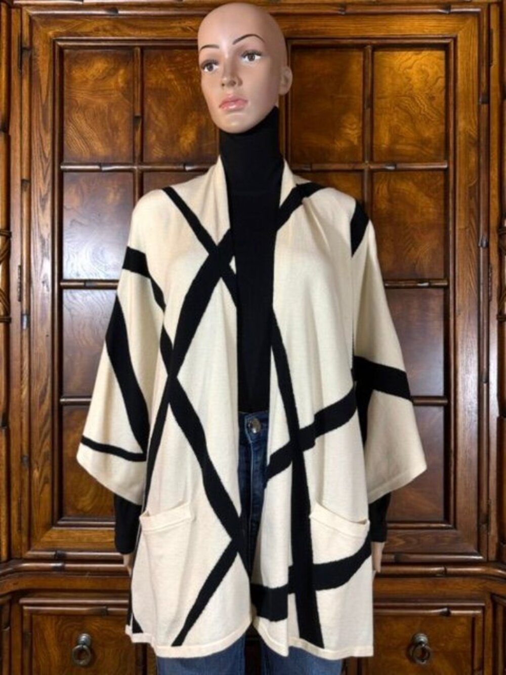 Marla Wynne Black Ivory Line Design Open Front Poncho Cardigan